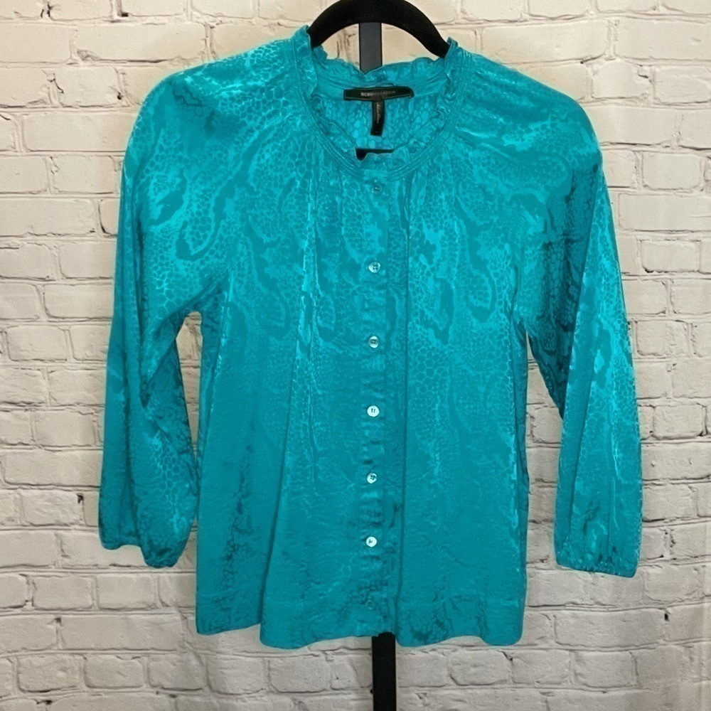 BCBG Maxazria Teal Snake Print Silk Blouse